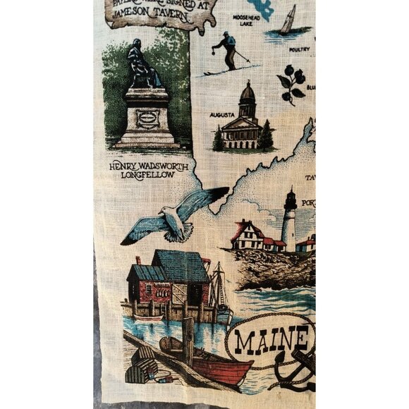 Vintage 1960s Linen Map Tea Towel Maine State Landmarks & History - Picture 4 of 7